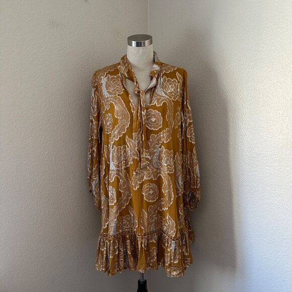 Anthropologie Maeve Flowy Mini Dress Tie Neck Long Cuffed Sleeve Gold Metallic L - Picture 4 of 16